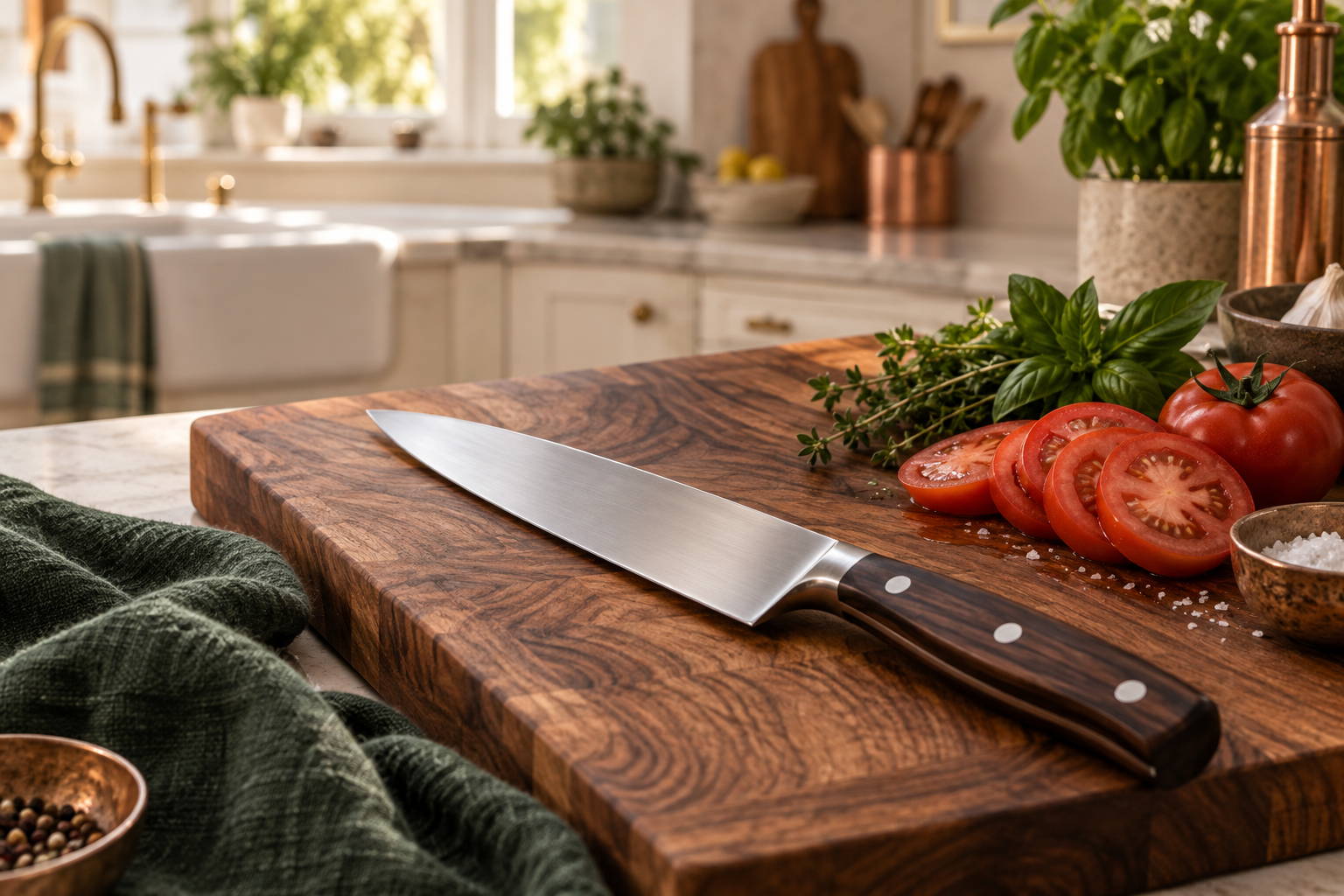 Chef’s knife on a walnut board beside tomatoes, herbs and a green linen towel